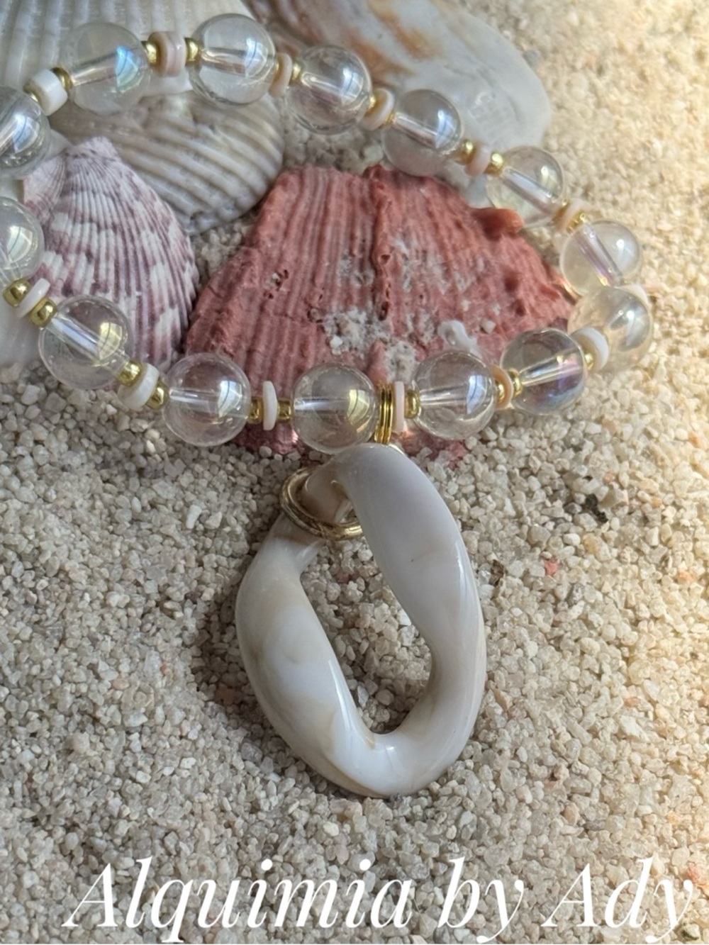 Aura quartz White and Clear Bead Shell Loop Bracelet